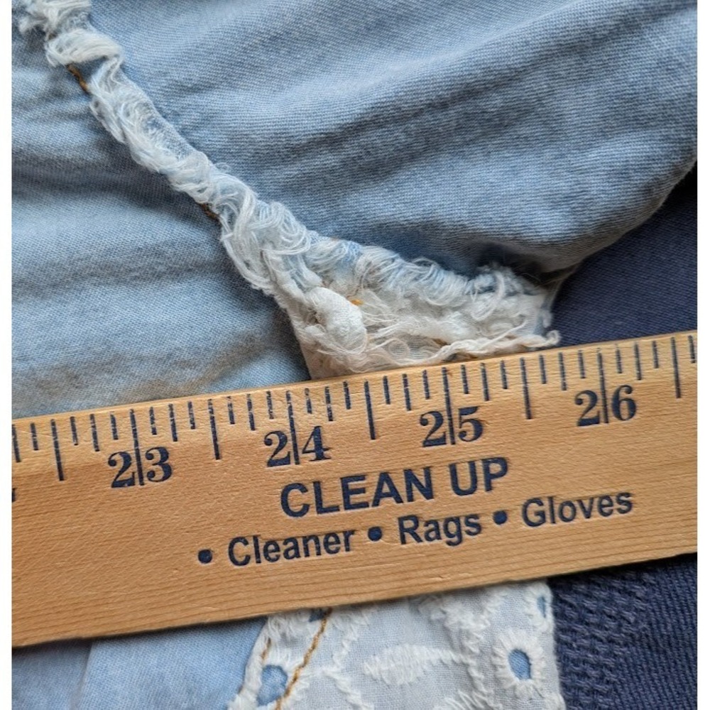 New Pol Denim Shacket Womens Top L Distressed Patchwork Indie Boho Anthropologie - Picture 7 of 11